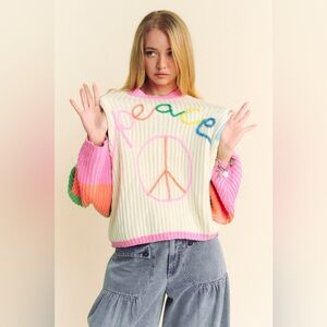 Multicolor Striped Peace Sign Balloon Sleeve Sweater - Davi & Dani
